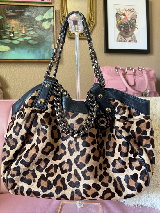 henri bendel Handbags - 💯Auth! Henri Bendel Calf Hair Leopard Chain Handle Shoulder Bag Blk Leather Trim
